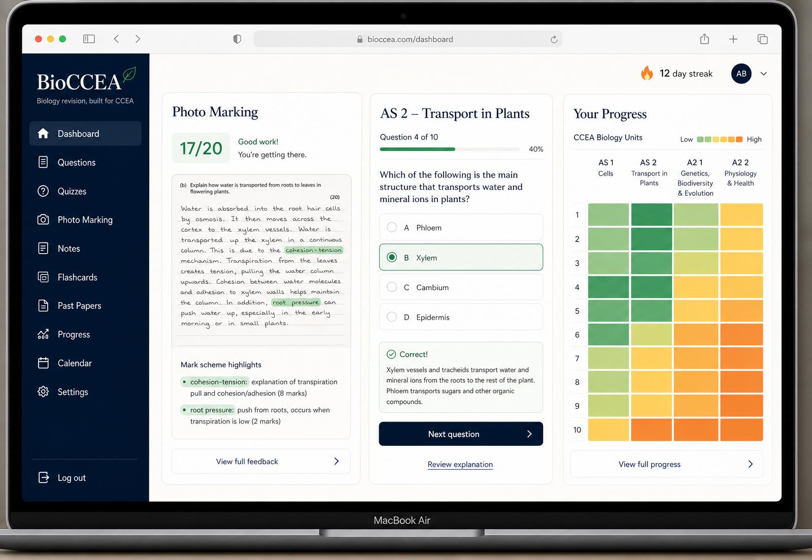 BioCCEA dashboard showing photo-marked answer scoring 17 out of 20, an AS 2 Transport in Plants quiz, and a CCEA units progress heatmap